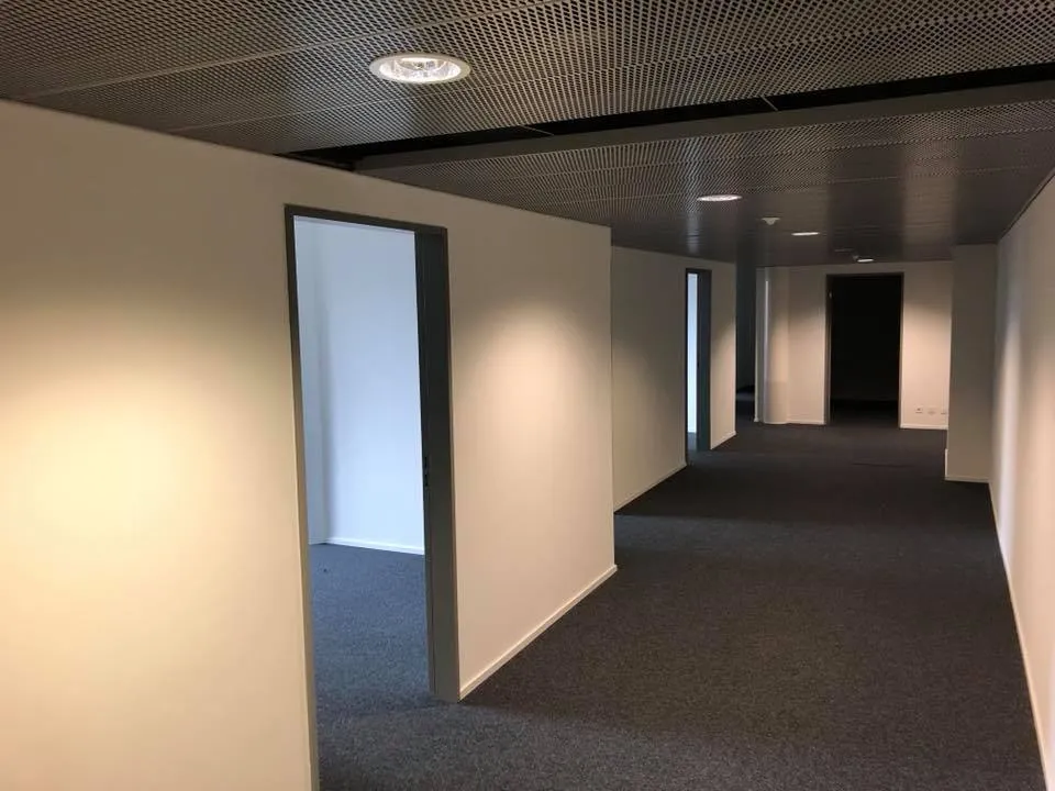 Korridor mit neuen Trennwänden, Türöffnungen und dunklem Teppichboden.