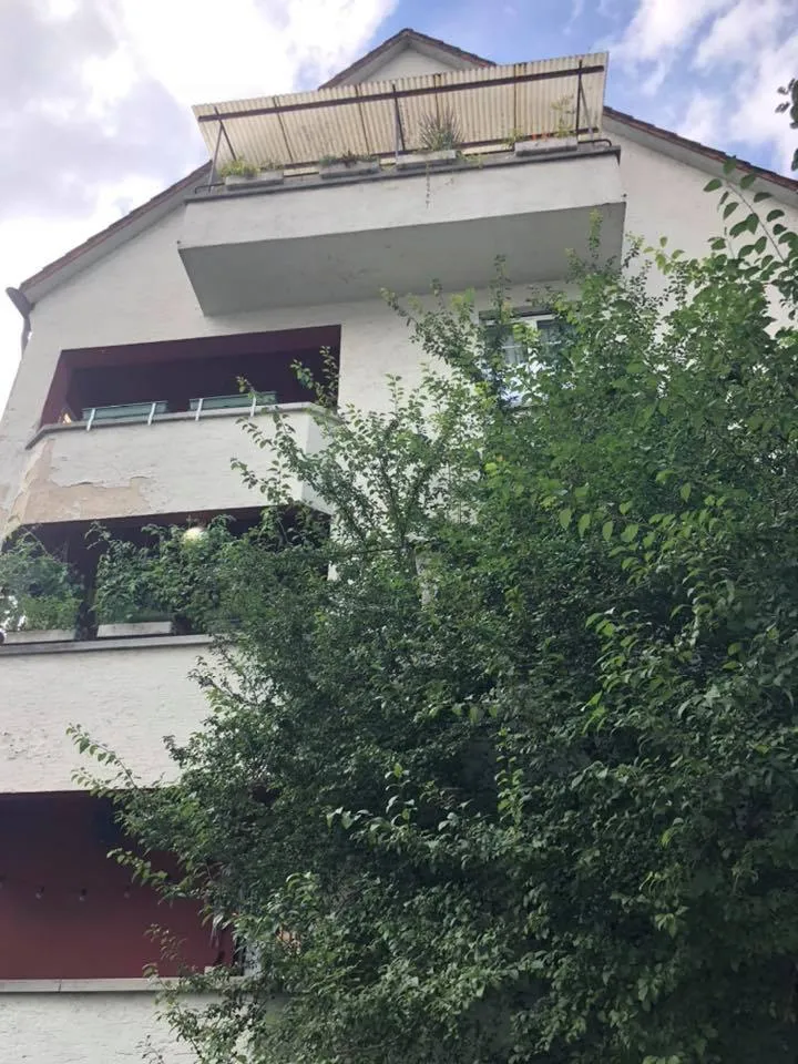 Balkonseite mit schadhaften Putzstellen vor der Sanierung.