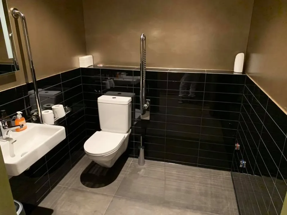 WC mit schwarzen Wandplatten, Haltegriffen und grauem Plattenboden.